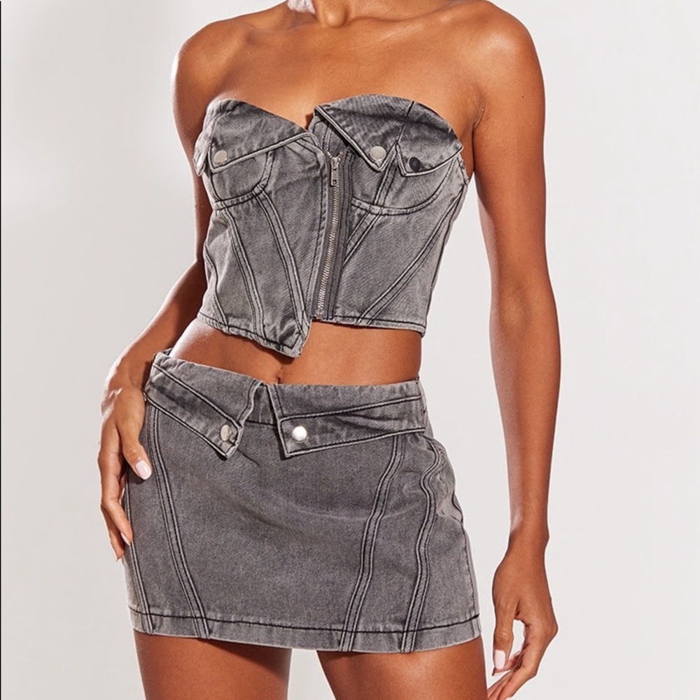 NWT PrettyLittleThing Washed Grey Biker Cup Detail Denim Top and Mini Skirt Set